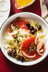 Fresh delicious salad of fennel, grapefruit and olives. Healthy Vegan Mediterranean Recipe