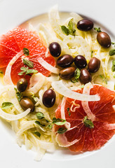 Fresh delicious salad of fennel, grapefruit and olives. Healthy Vegan Mediterranean Recipe