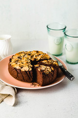 Gluten-free and vegan chocolate almond paleo cake on the table.