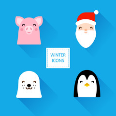 Set of winter icons with cute characters: pig, Santa, penguin and seal. Flat design. Vector illustration.