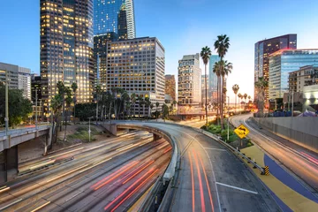 Acrylic prints Highway at night Downtown Los Angeles at sunset with car traffic light trails