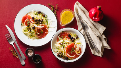banner of Fresh delicious salad of fennel, grapefruit and olives. Healthy Vegan Mediterranean Recipe