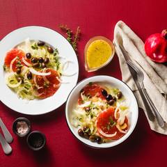 Fresh delicious salad of fennel, grapefruit and olives. Healthy Vegan Mediterranean Recipe