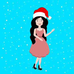 beautiful santa claus girl in red hat and dress with long hair brunette