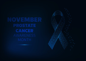 November Prostate cancer awareness month banner template with glowing low polygonal blue ribbon and text