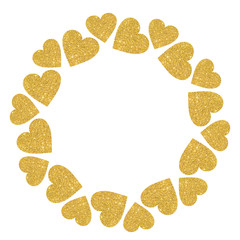 Round frame of golden shiny hearts on a white background