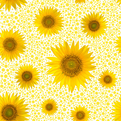 Obraz premium Seamless pattern with big bright sunflowers and dots on yellow background.