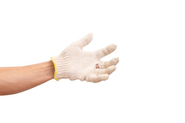 Man hand with cotton glove. isolated on white background
