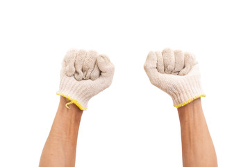 Man hand with cotton glove. isolated on white background