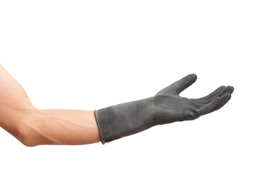 Man hand with black rubber glove. isolated on white background