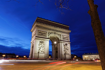 Arc de Triomphe, Paris, France - March 11, 2018: Arc de Triomphe in Paris at blue hours