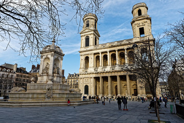 Fototapeta na wymiar Paris, France - March 24, 2018: Dan Brown's 2003 novel The Da Vinci Code, an international bestseller that brought crowds of tourists to Saint-Sulpice church