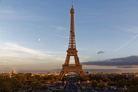 Paris, France - October 30, 2017: Eiffel tower at sunset viewed from Trocadero district