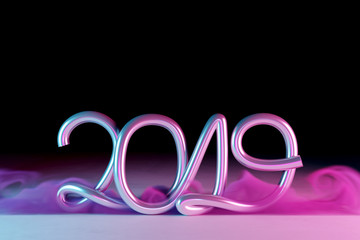  New year 2019. Metallic Numbers and Colors smoke with neon lights on dark background. 3d rendering