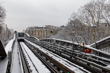 Paris, France - February 7, 2018: La Motte Picquet Grenelle aerial metro station in Paris with snow