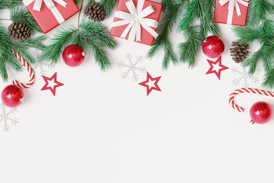 Christmas decorations with gift box on white background. 3d rendering