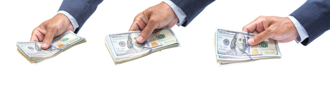Set of Businessman hand holding US. dollar banknote isolated on white background
