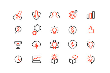 startup network data and technology line icons. vector linear icon set.
