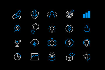 startup network data and technology line icons. vector linear icon set.