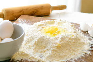 Italian home made pasta.   Italian kitchen. Flour egg ingredients. 