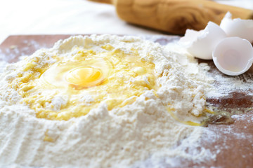 Italian home made pasta.   Italian kitchen. Flour egg ingredients. 