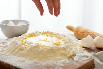 Italian home made pasta.   Italian kitchen. Flour egg ingredients. 