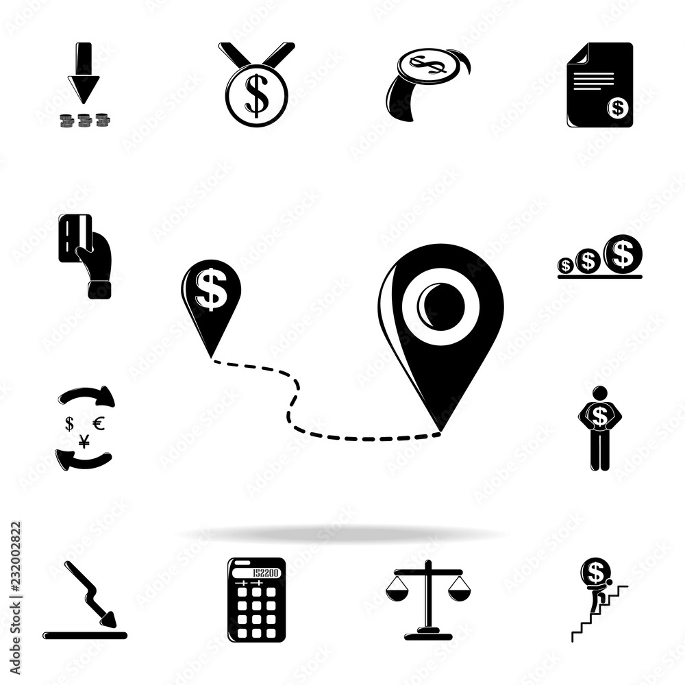 Poster pin on the map and pin a dollar icon. finance icons universal set for web and mobile