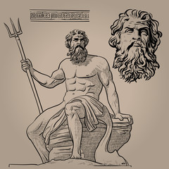 Poseidon. God of the sea, earthquakes, soil, storms, and horses. Digital Sketch Hand Drawing Vector.