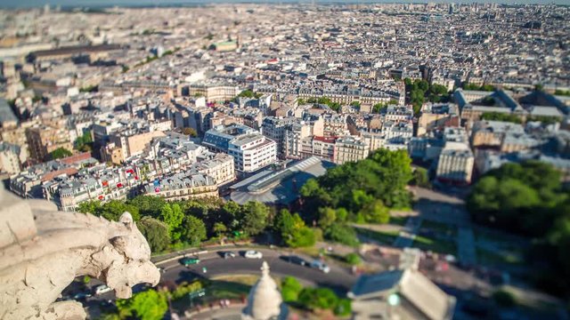 Panorama of Paris timelapse. Top view from Sacred Heart Basilica of Montmartre . Sunny day.