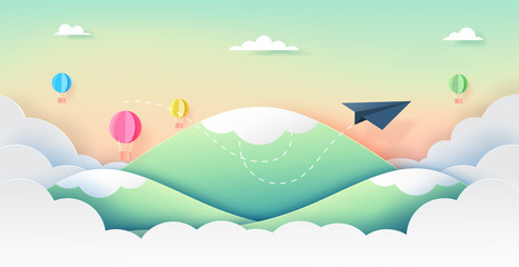 Paper airplane and hot air balloons flying on mountains,clouds and beautiful sky paper art style.Vector illustration. © Man As Thep