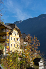 View of the Hallstatt from lake Hallstater See, Hallstatt village in Alps at dusk, Austria	