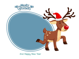 Merry Christmas and happy new year. Vector Greeting Card Little reindeer with a red nose. decorative element on holiday.