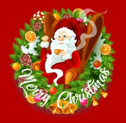 Santa Claus in Christmas wreath, spruce branches