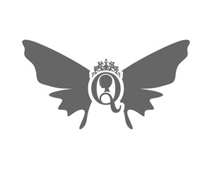 Vintage queen silhouette. Medieval queen profile. Elegant silhouette of a female head. Royal emblem with Q letter decorated by butterfly wings.