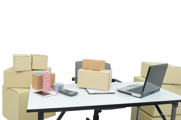 home office equipment, computer laptop. business and online order shipping supplies, Delivery and package.