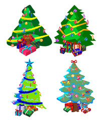 Star decorations, balls and light chains decorated Christmas trees with lots of gift boxes.