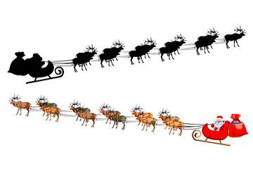 Santa Claus on a sleigh with reindeer, with a handful of gifts. Silhouette of santa claus.