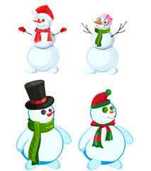 Set of four snowmen in various headdresses and in different scarves