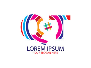 Letter Q and T with hashtag on circle logo branding element