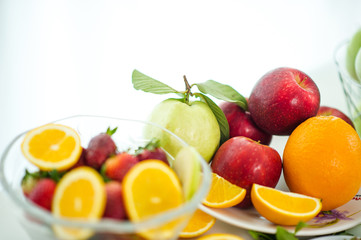 The fruits of health lover Healthy fruit And health care to eat healthy food. To the skin. The fruit is placed in a beautiful table, apple apricot, banana, orange, dragon, placed in the corner 