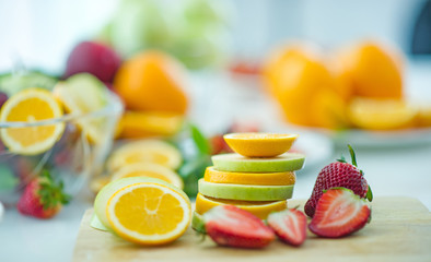 The fruits of health lover Healthy fruit And health care to eat healthy food. To the skin. The fruit is placed in a beautiful table, apple apricot, banana, orange, dragon, placed in the corner 