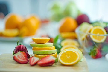 The fruits of health lover Healthy fruit And health care to eat healthy food. To the skin. The fruit is placed in a beautiful table, apple apricot, banana, orange, dragon, placed in the corner 