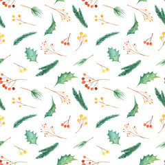 Watercolor Christmas seamless pattern with plants. Texture with fir branches, holly, berries, pine, leaves. Illustration for new year wallpaper, packaging, scrapbooking, greeting cards.