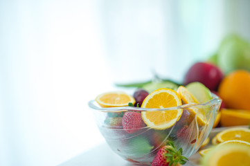 The fruits of health lover Healthy fruit And health care to eat healthy food. To the skin. The fruit is placed in a beautiful table, apple apricot, banana, orange, dragon, placed in the corner 