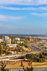 View of South of Perth skyline and winding Kwinana Freeway towards Swan River