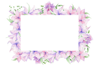 Floral frame with pink roses and decorative leaves. Watercolor Invitation design horizontal. Background to save the date.Greeting cards with pink flowers.