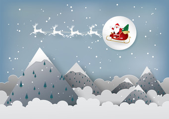 Cartoon,Santa Cross on Snow sled in the winter season,paper art and craft style.