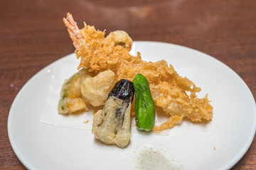 Japanese food: Shrimp Tempura on the wooden table