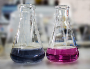 Laboratory Glass Conical Erlenmeyer Flasks Filled With Liquid Chemical