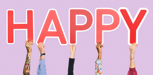 Hands holding the word happy